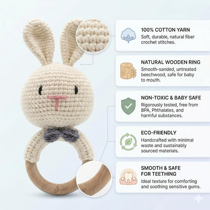 Handmade Crochet Bunny Wooden Teether Rattle for Babies | Soft Cotton Knitted Rabbit with Natural Beech Wood Ring | BPA Free Baby Sensory Toy