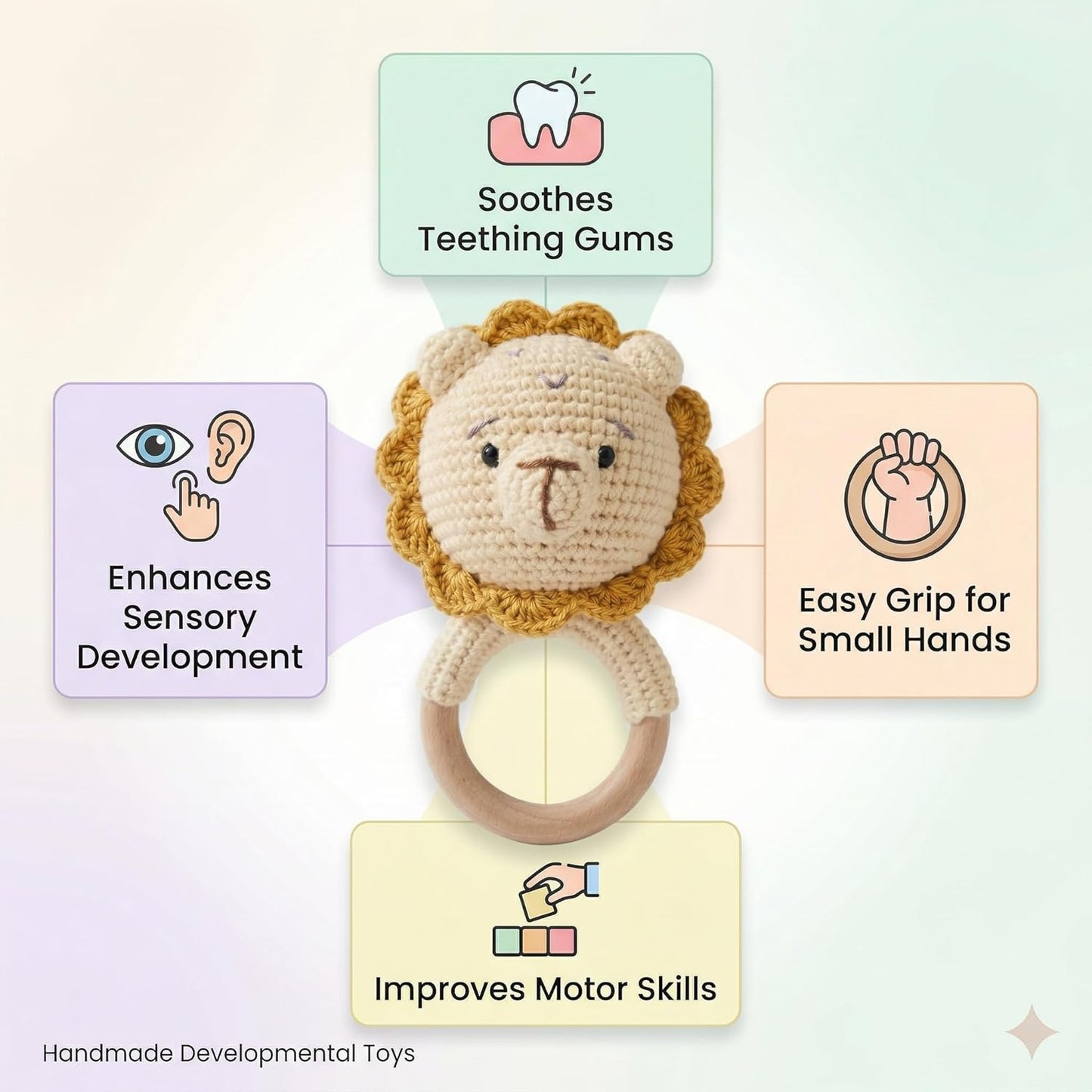 Handmade Crochet Lion Wooden Teether Rattle for Babies | Natural Wooden Ring | Soft Cotton Knitted Baby Toy | BPA Free Infant Sensory Toy