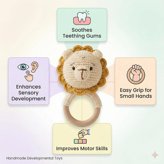 Handmade Crochet Lion Wooden Teether Rattle for Babies | Natural Wooden Ring | Soft Cotton Knitted Baby Toy | BPA Free Infant Sensory Toy