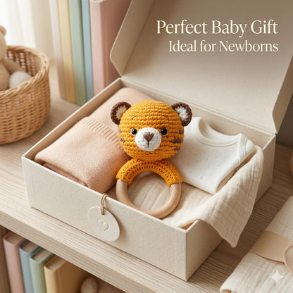 Handmade Crochet Tiger Wooden Teether Rattle for Babies | Natural Wooden Ring | Soft Cotton Knitted Baby Toy | BPA Free Infant Sensory Toy