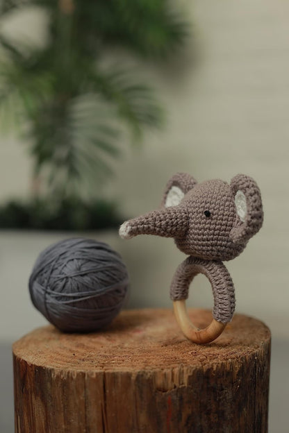 Handmade Crochet Elephant Wooden Ring Rattle | Organic Baby Teether Toy | Soft Amigurumi Baby Gift