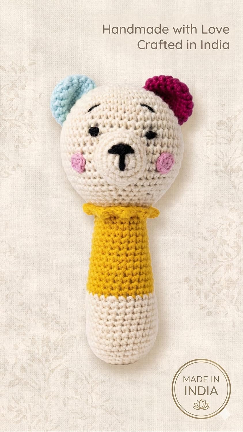 Handmade Crochet Bear Baby Rattle Toy | Soft Cotton Knitted Infant Sensory Toy | Made in India