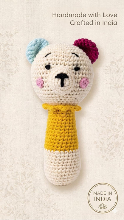 Handmade Crochet Bear Baby Rattle Toy | Soft Cotton Knitted Infant Sensory Toy | Made in India