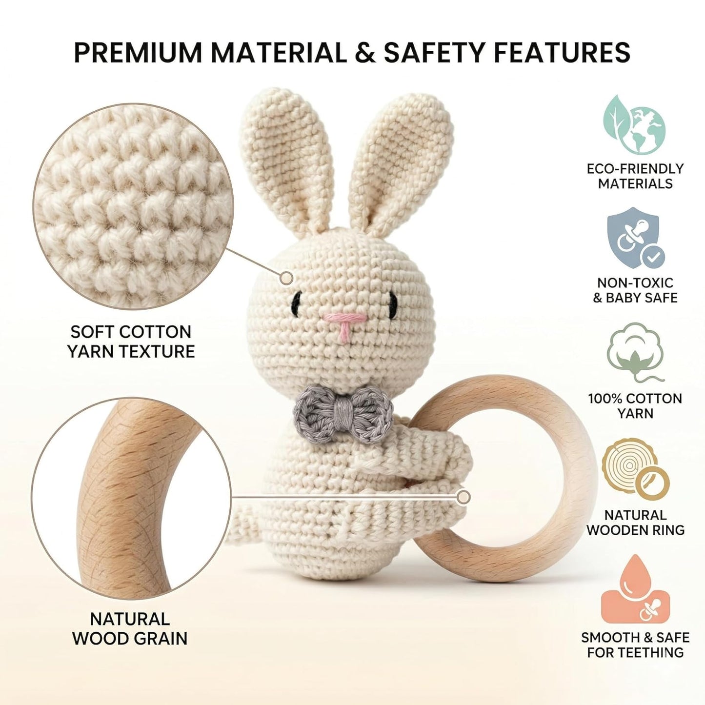 Handmade Crochet Bunny Wooden Teether Toy for Babies | Soft Cotton Knitted Rabbit with Natural Wooden Ring | BPA Free Baby Rattle & Sensory Toy