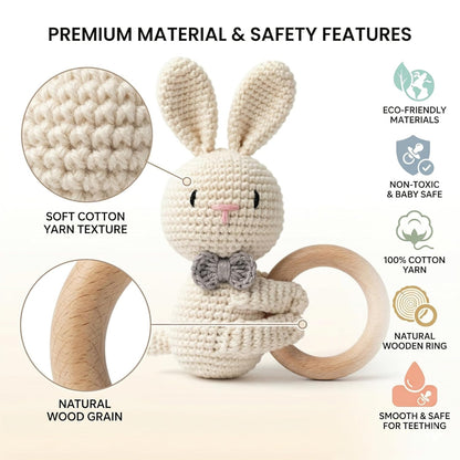 Handmade Crochet Bunny Wooden Teether Toy for Babies | Soft Cotton Knitted Rabbit with Natural Wooden Ring | BPA Free Baby Rattle & Sensory Toy