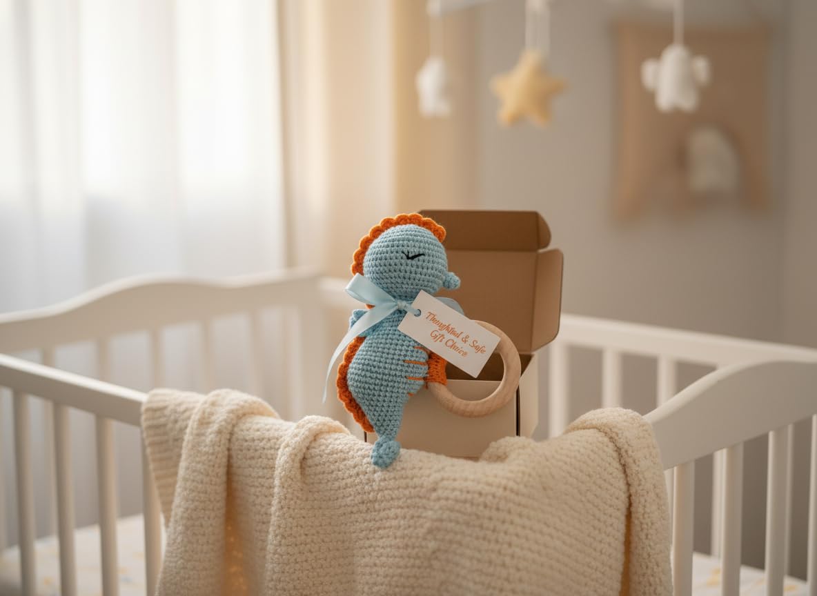 Handmade Crochet Baby Teether – Blue Seahorse Rattle with Wooden Ring, Cotton Yarn, Soft & Safe for Teething Infants, Ocean Animal Sensory Toy, Baby Shower Gift