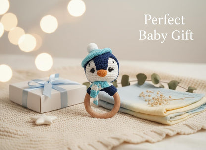 Handmade Crochet Penguin Wooden Ring Rattle | Organic Baby Teether Toy | Amigurumi Penguin Baby Gift