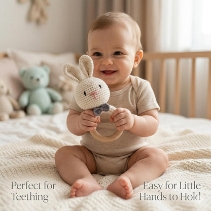Handmade Crochet Bunny Wooden Teether Rattle for Babies | Soft Cotton Knitted Rabbit with Natural Beech Wood Ring | BPA Free Baby Sensory Toy