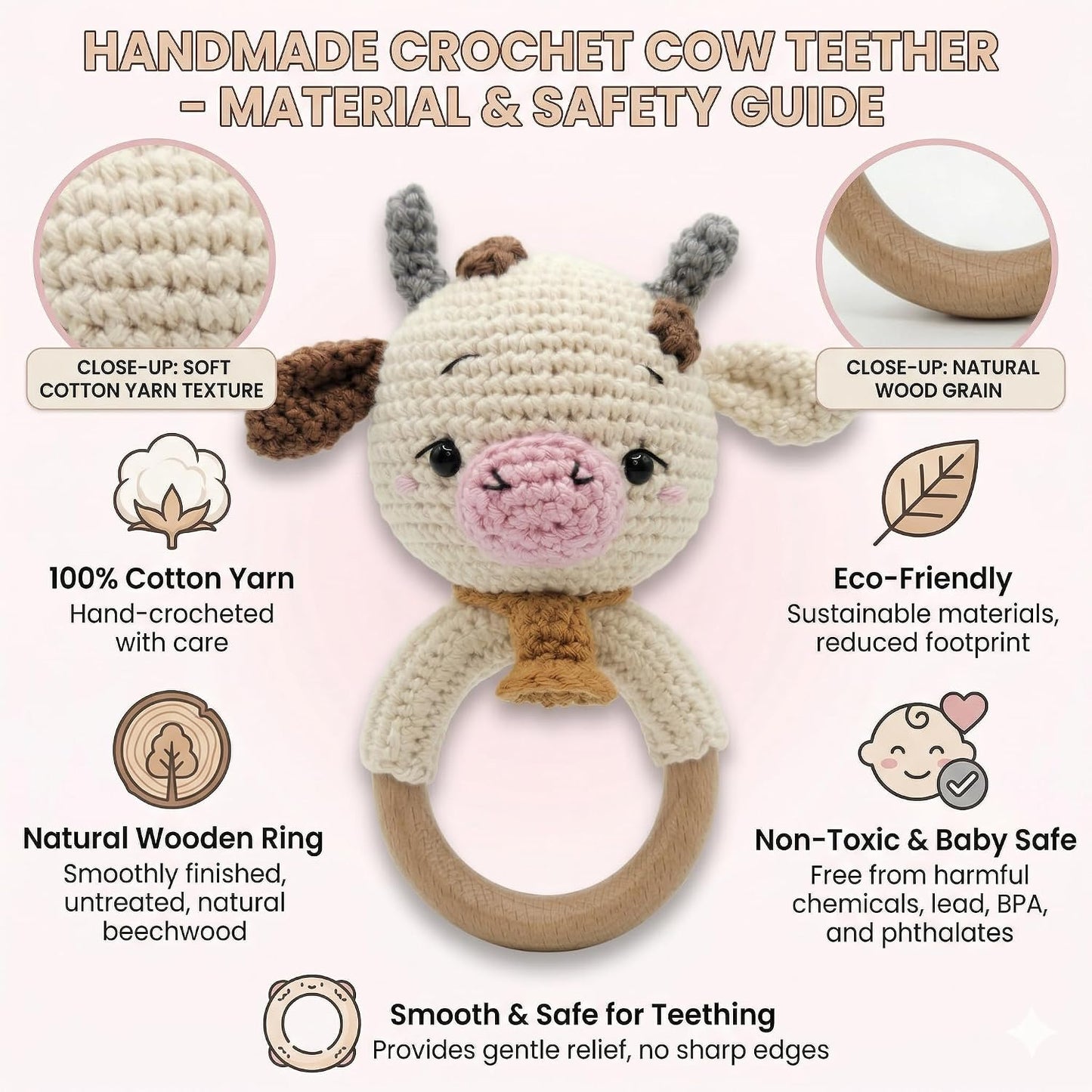 Handmade Crochet Cow Wooden Ring Rattle | Organic Baby Teether Toy | Amigurumi Cow Baby Gift