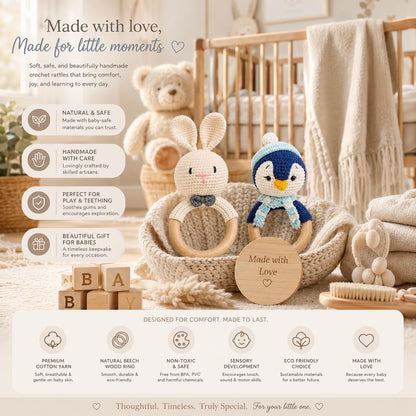 Handmade Crochet Bunny & Penguin Wooden Teether Combo | Baby Teething Ring Toy | Natural Wood Infant Chew Toy | Soft Knitted Newborn Rattle Teether | Organic Cotton Baby Gift Set (Pack of 2)