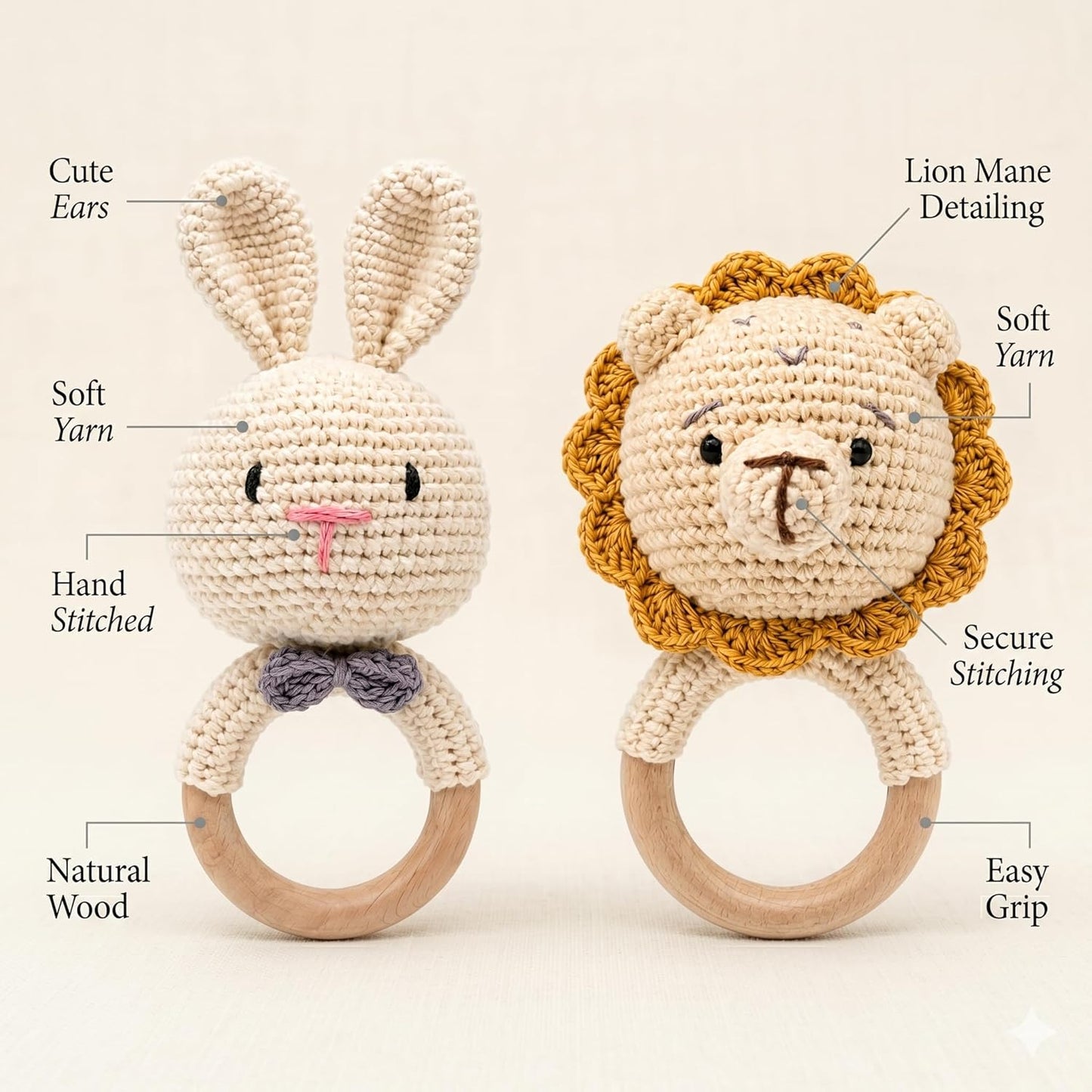 Handmade Crochet Bunny & Lion Wooden Teether Rattle Set for Babies | 2 Pcs Natural Beech Wood Ring | Soft Cotton Knitted BPA Free Baby Sensory Toys