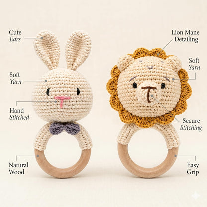 Handmade Crochet Bunny & Lion Wooden Teether Rattle Set for Babies | 2 Pcs Natural Beech Wood Ring | Soft Cotton Knitted BPA Free Baby Sensory Toys