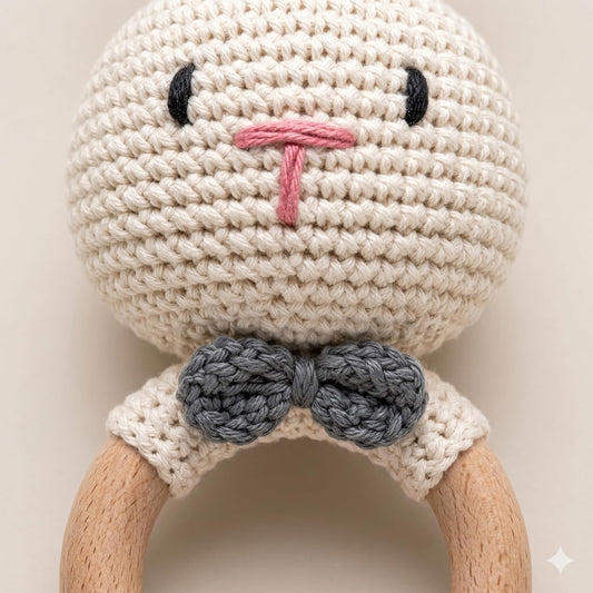 Handmade Crochet Bunny & Tiger Wooden Teether Rattle Set for Babies | 2 Pcs Natural Beech Wood Ring | Soft Cotton Knitted BPA Free Baby Sensory Toys