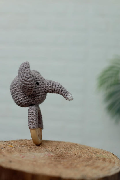Handmade Crochet Elephant Wooden Ring Rattle | Organic Baby Teether Toy | Soft Amigurumi Baby Gift