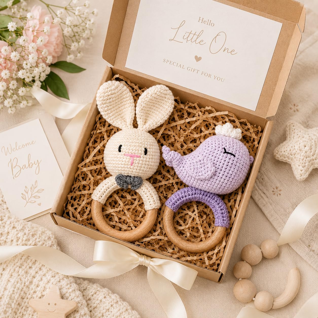 Handmade Crochet Bunny Wooden Teether Rattle for Babies | Natural Wooden Ring | Soft Cotton Knitted Baby Toy | BPA Free Infant Sensory Toy