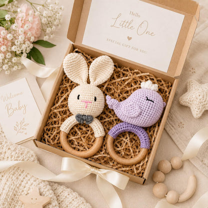 Handmade Crochet Bunny Wooden Teether Rattle for Babies | Natural Wooden Ring | Soft Cotton Knitted Baby Toy | BPA Free Infant Sensory Toy