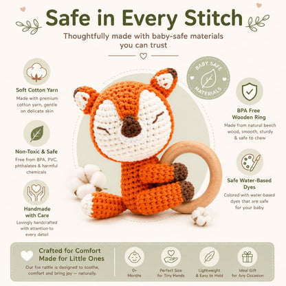 Handmade Crochet Fox Wooden Teether Rattle for Babies | Natural Wooden Ring | Soft Cotton Knitted Baby Toy | BPA Free Newborn Sensory Toy