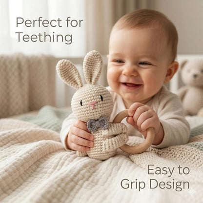 Handmade Crochet Bunny Wooden Teether Toy for Babies | Soft Cotton Knitted Rabbit with Natural Wooden Ring | BPA Free Baby Rattle & Sensory Toy