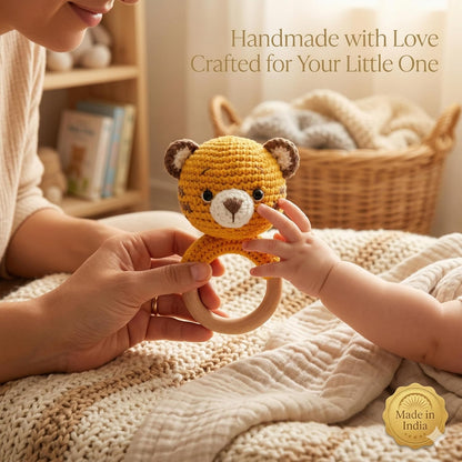 Handmade Crochet Tiger Wooden Teether Rattle for Babies | Natural Wooden Ring | Soft Cotton Knitted Baby Toy | BPA Free Infant Sensory Toy