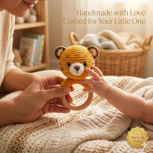 Handmade Crochet Tiger Wooden Teether Rattle for Babies | Natural Wooden Ring | Soft Cotton Knitted Baby Toy | BPA Free Infant Sensory Toy