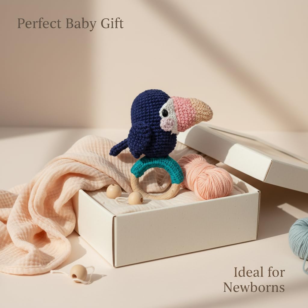 Handmade Crochet Baby Teether – Toucan Bird Rattle with Wooden Ring, Cotton Yarn, Soft & Safe for Teething Infants, Jungle Animal Sensory Toy, Baby Shower Gift