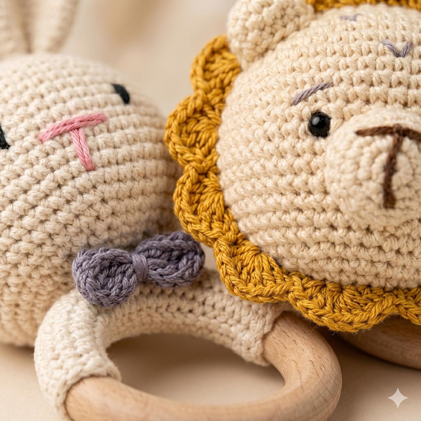 Handmade Crochet Bunny & Lion Wooden Teether Rattle Set for Babies | 2 Pcs Natural Beech Wood Ring | Soft Cotton Knitted BPA Free Baby Sensory Toys
