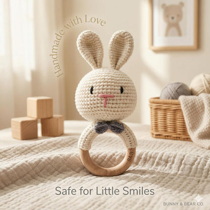 Handmade Crochet Bunny Wooden Teether Rattle for Babies | Soft Cotton Knitted Rabbit with Natural Beech Wood Ring | BPA Free Baby Sensory Toy