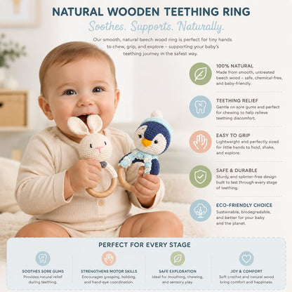 Handmade Crochet Bunny & Penguin Wooden Teether Combo | Baby Teething Ring Toy | Natural Wood Infant Chew Toy | Soft Knitted Newborn Rattle Teether | Organic Cotton Baby Gift Set (Pack of 2)