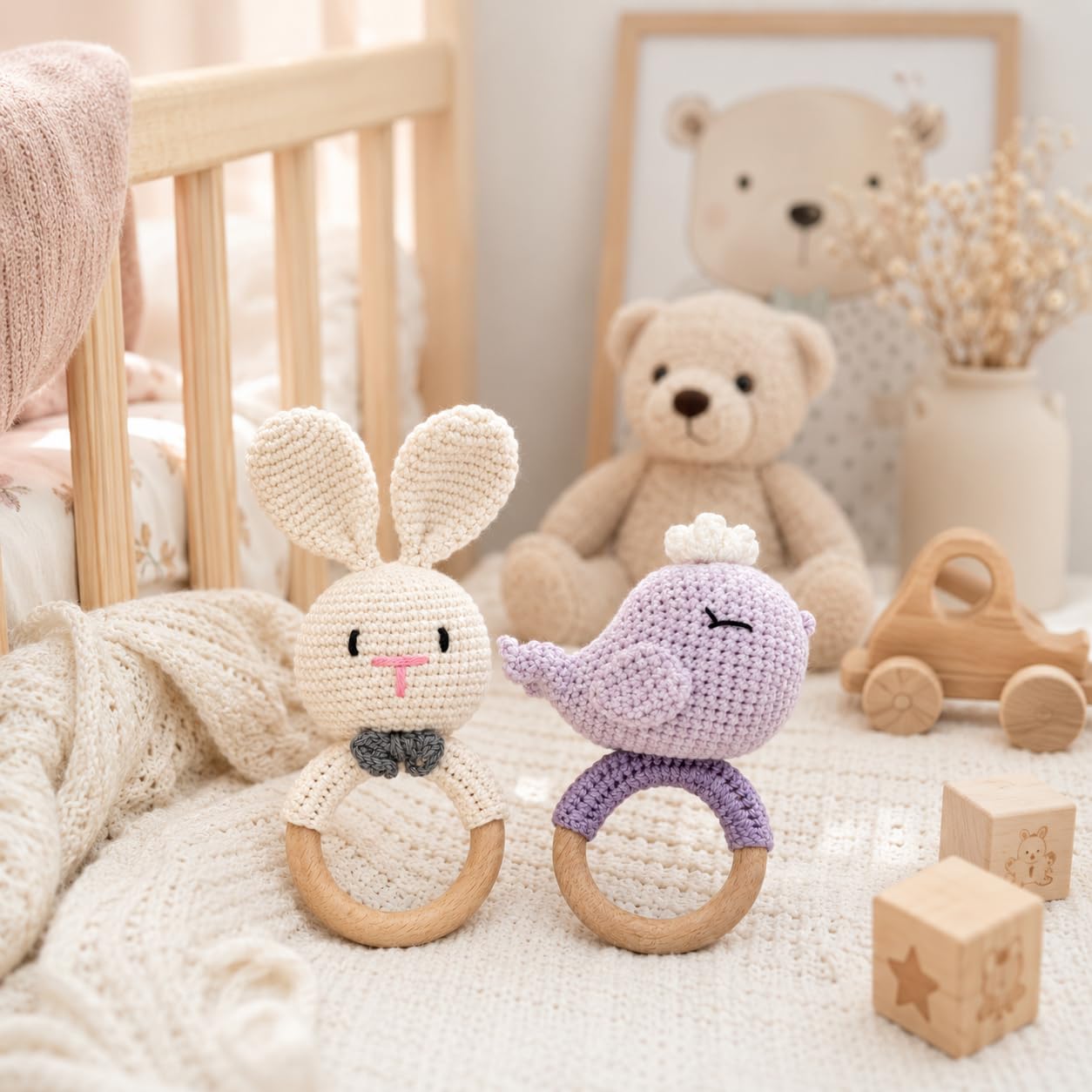 Handmade Crochet Bunny Wooden Teether Rattle for Babies | Natural Wooden Ring | Soft Cotton Knitted Baby Toy | BPA Free Infant Sensory Toy