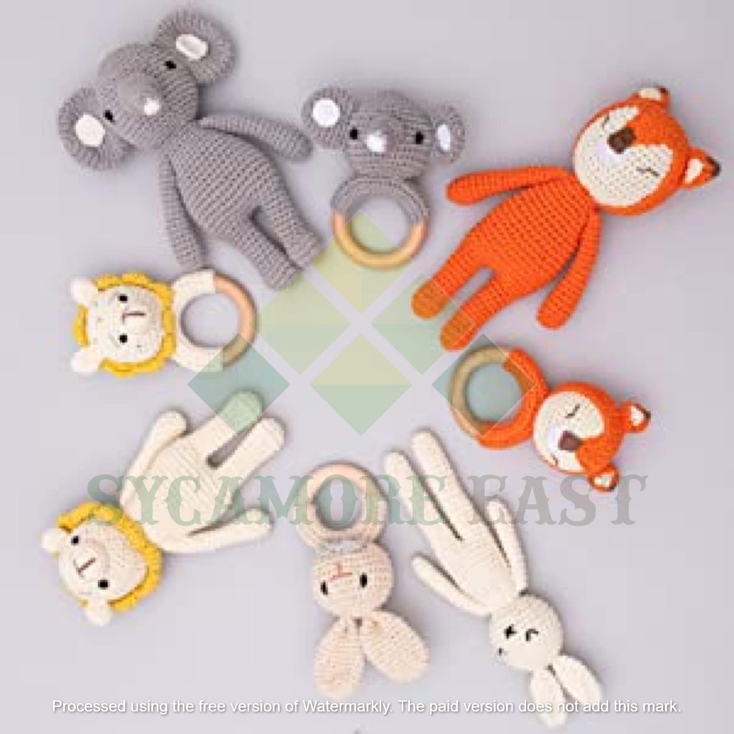 2PCS Handmade Crochet Baby Rattle & Plush Doll Set | Wooden Teether Ring Toy for Infants | Lion, Fox, Elephant & Bunny Design
