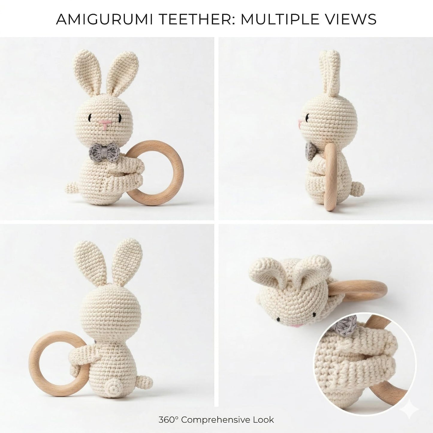 Handmade Crochet Bunny Wooden Teether Toy for Babies | Soft Cotton Knitted Rabbit with Natural Wooden Ring | BPA Free Baby Rattle & Sensory Toy