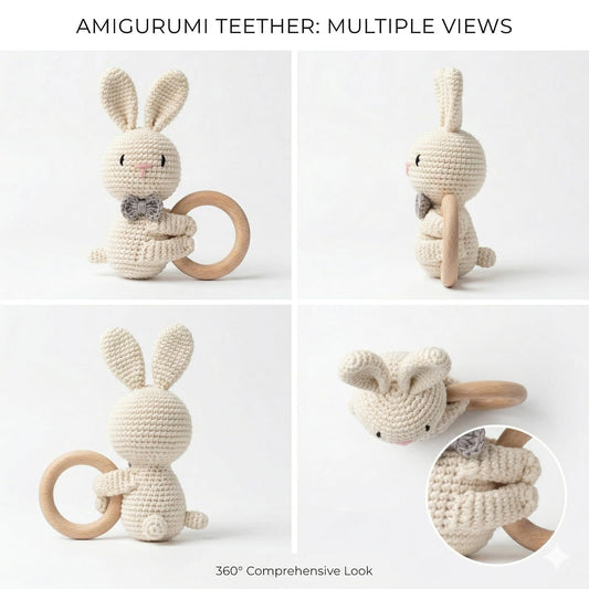 Handmade Crochet Bunny Wooden Teether Toy for Babies | Soft Cotton Knitted Rabbit with Natural Wooden Ring | BPA Free Baby Rattle & Sensory Toy