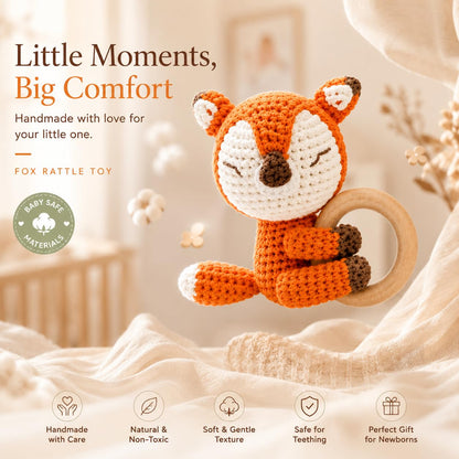 Handmade Crochet Fox Wooden Teether Rattle for Babies | Natural Wooden Ring | Soft Cotton Knitted Baby Toy | BPA Free Newborn Sensory Toy