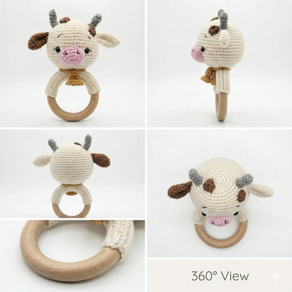 Handmade Crochet Cow Wooden Ring Rattle | Organic Baby Teether Toy | Amigurumi Cow Baby Gift