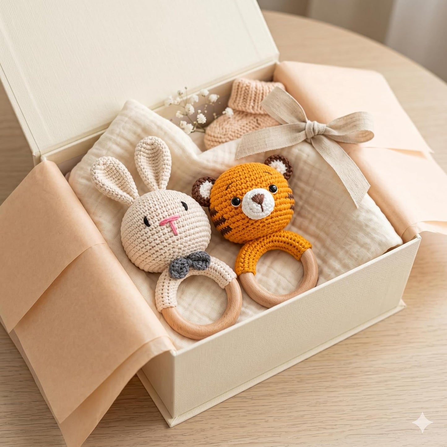 Handmade Crochet Bunny & Tiger Wooden Teether Rattle Set for Babies | 2 Pcs Natural Beech Wood Ring | Soft Cotton Knitted BPA Free Baby Sensory Toys
