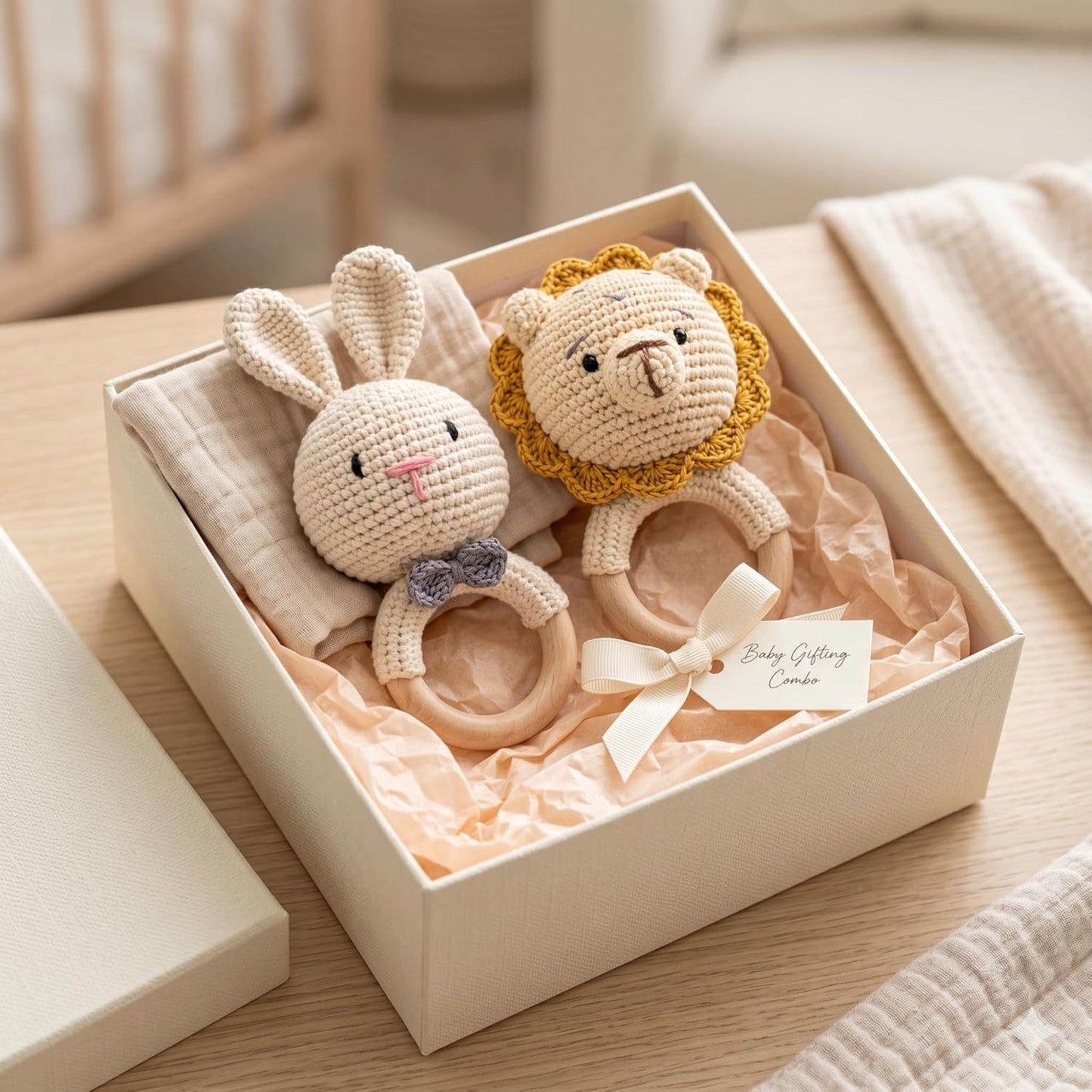 Handmade Crochet Bunny & Lion Wooden Teether Rattle Set for Babies | 2 Pcs Natural Beech Wood Ring | Soft Cotton Knitted BPA Free Baby Sensory Toys