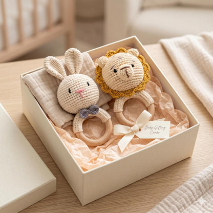 Handmade Crochet Bunny & Lion Wooden Teether Rattle Set for Babies | 2 Pcs Natural Beech Wood Ring | Soft Cotton Knitted BPA Free Baby Sensory Toys