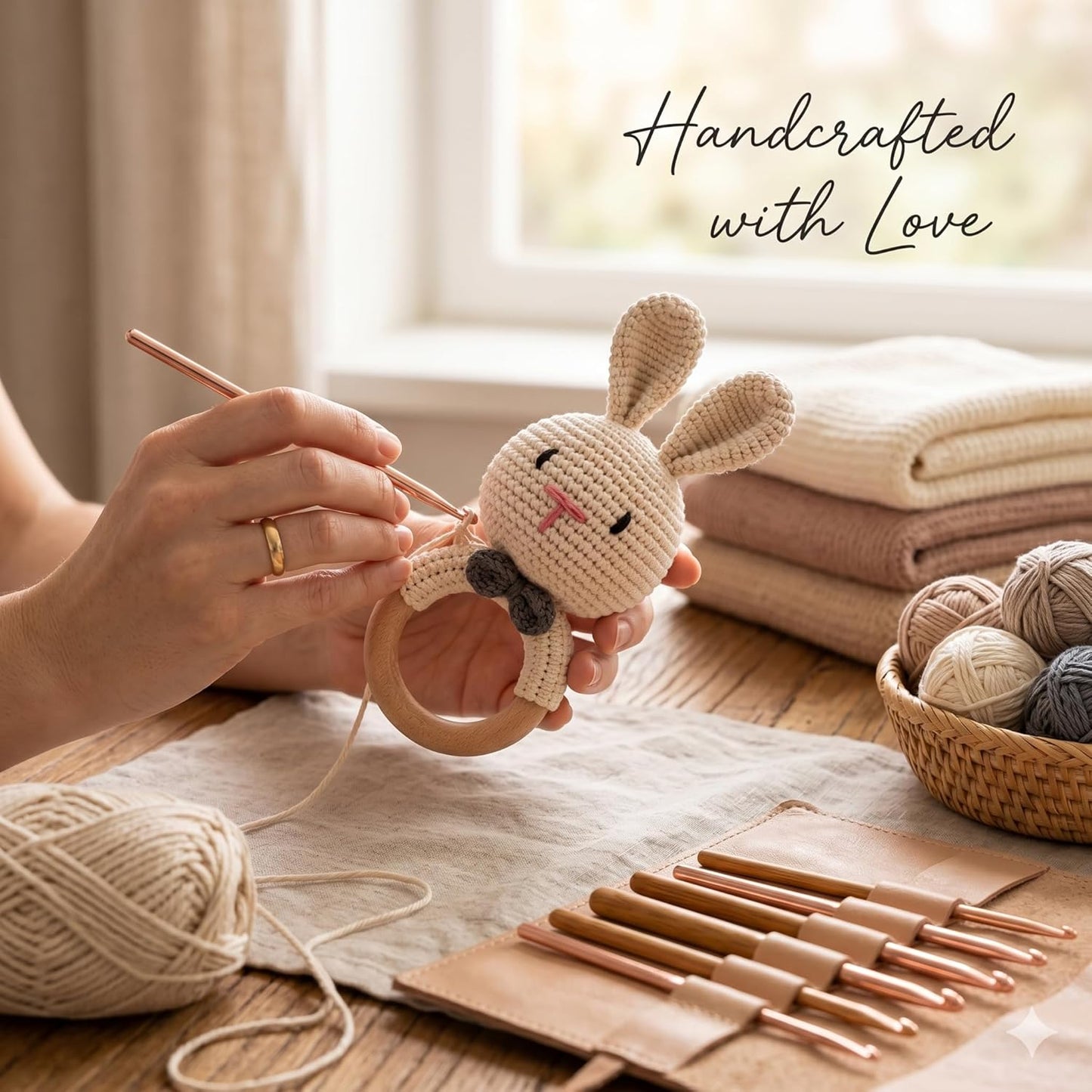 Handmade Crochet Bunny & Tiger Wooden Teether Rattle Set for Babies | 2 Pcs Natural Beech Wood Ring | Soft Cotton Knitted BPA Free Baby Sensory Toys