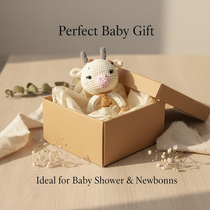 Handmade Crochet Cow Wooden Ring Rattle | Organic Baby Teether Toy | Amigurumi Cow Baby Gift