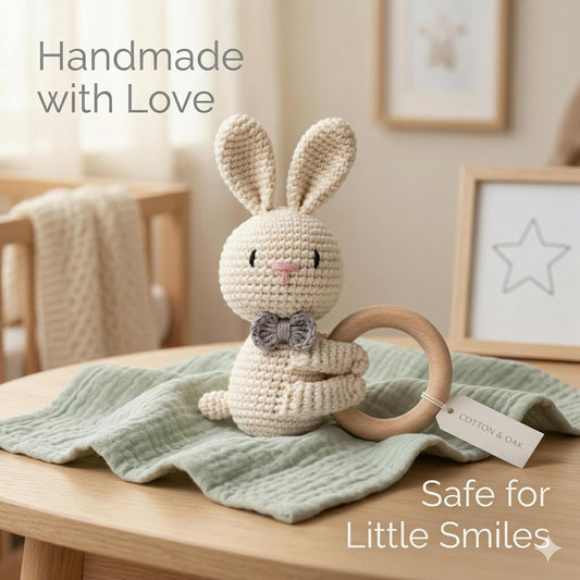 Handmade Crochet Bunny Wooden Teether Toy for Babies | Soft Cotton Knitted Rabbit with Natural Wooden Ring | BPA Free Baby Rattle & Sensory Toy