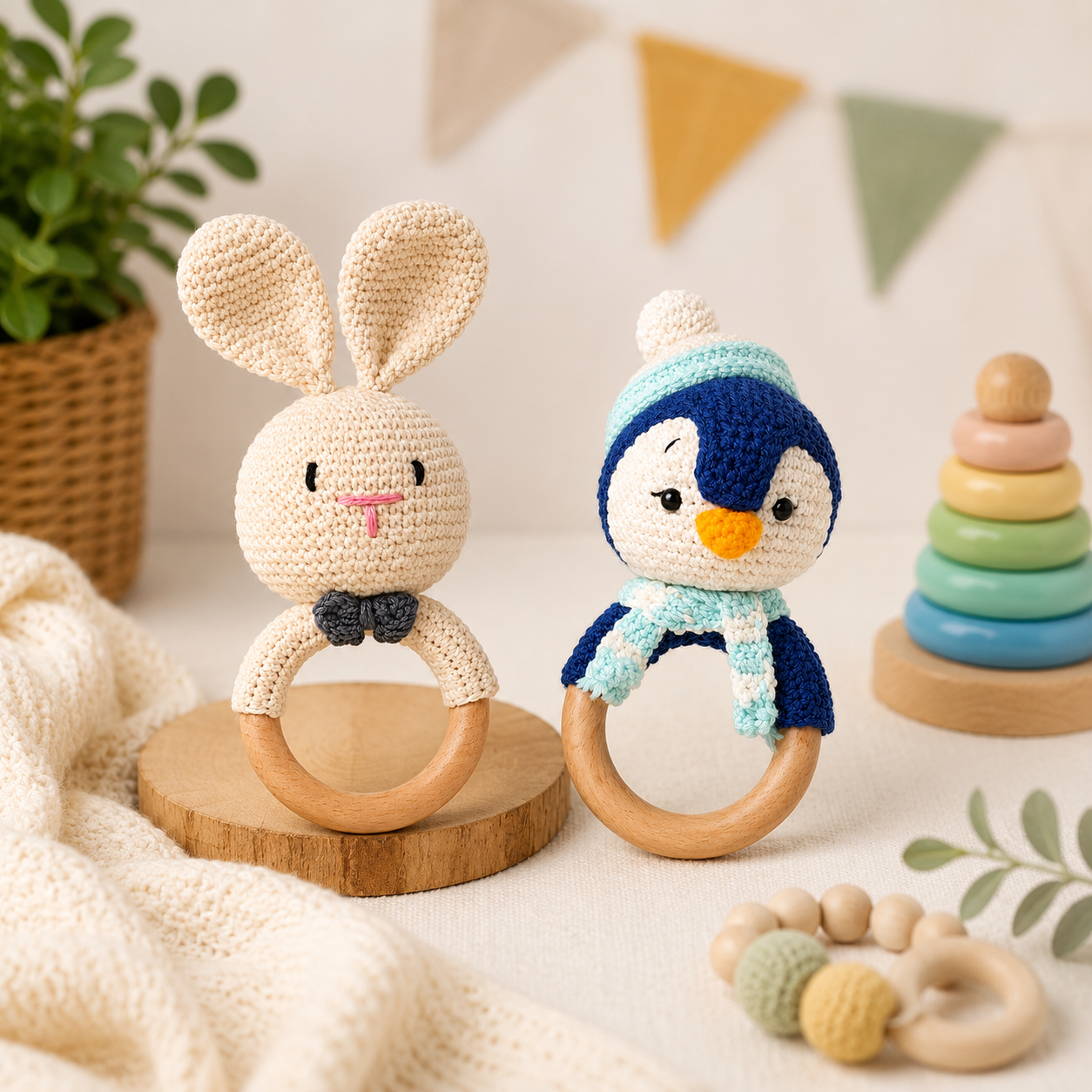 Premium Handmade Crochet Baby Rattle & Teether Toy Set | Bunny and Penguin Wooden Ring Toys for Babies