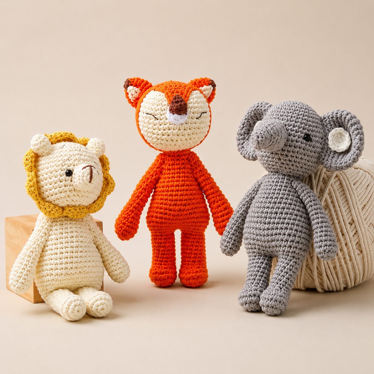 Crochet Baby Toys Handmade Amigurumi Animal Set | Fox Rattle, Elephant Plush Doll & Stuffed Animals | Newborn Sensory Learning Gift