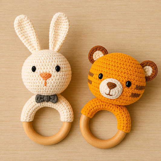 Handmade Crochet Tiger Baby Rattle Teether Toy with Natural Wooden Ring | Soft Sensory Montessori Toy for Newborns, Infants & Toddlers