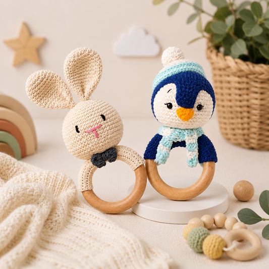 Premium Handmade Crochet Baby Rattle & Teether Toy Set | Bunny and Penguin Wooden Ring Toys for Babies