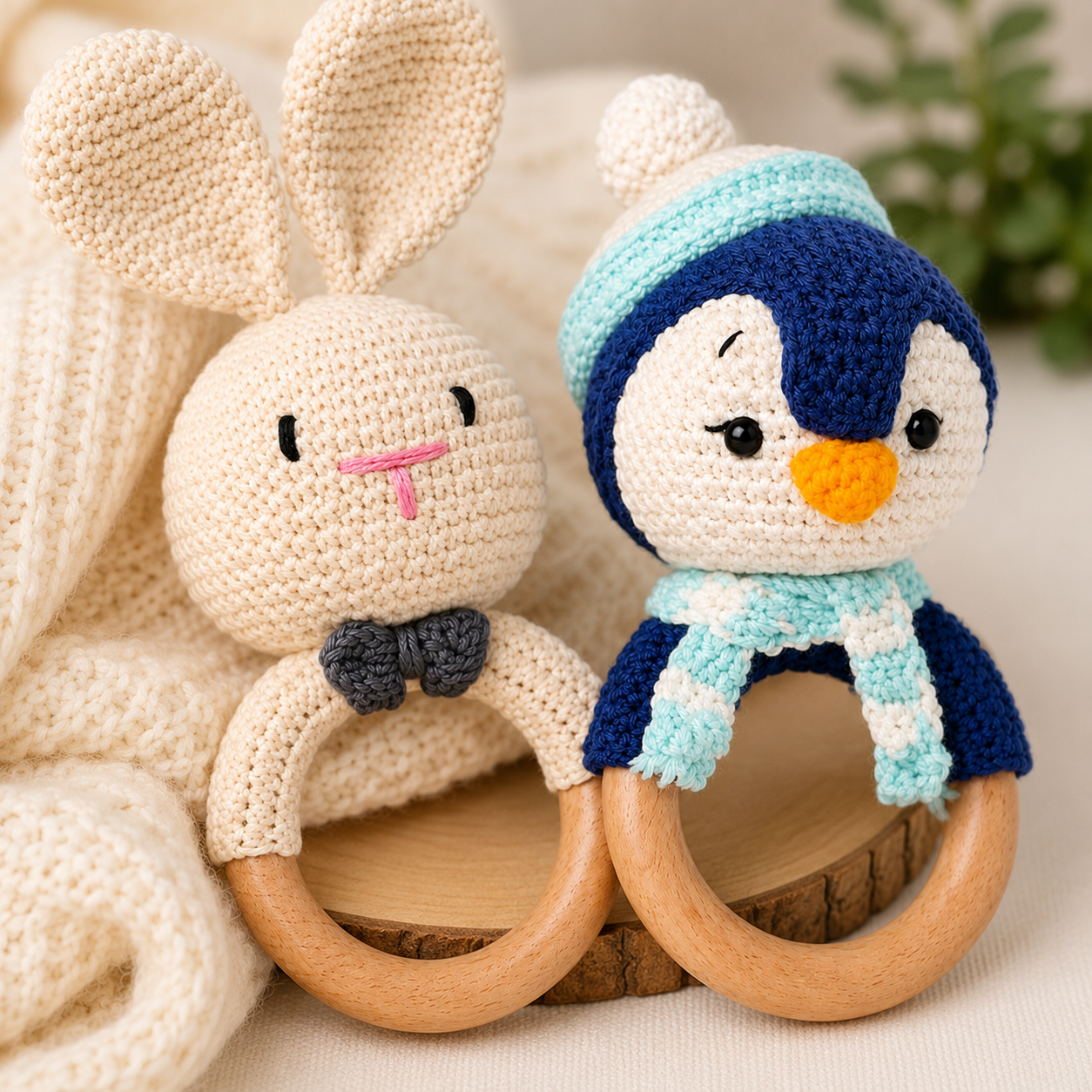 Premium Handmade Crochet Baby Rattle & Teether Toy Set | Bunny and Penguin Wooden Ring Toys for Babies